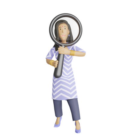 South indian business woman with magnifier  3D Illustration