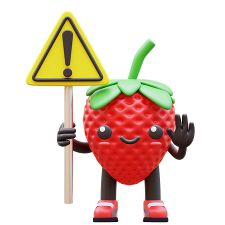 Strawberry Holding Attention Sign  3D Illustration