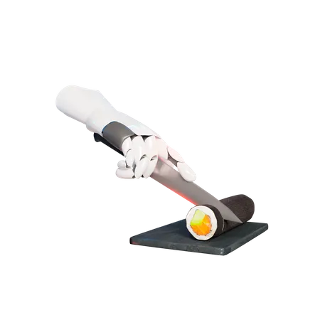 Geste de la main coupant un rouleau de sushi  3D Illustration