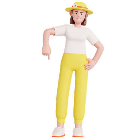 아래를 가리키는 여자  3D Illustration