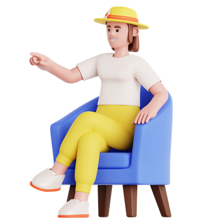 소파에 앉아서 가리키는 여성  3D Illustration