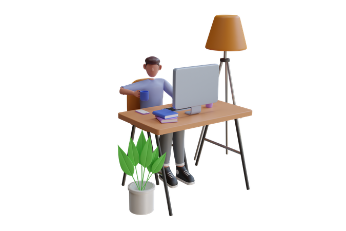 Working Man on laptop in office  3D Illustration