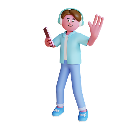 Young Man Listening Music Using Earphone  3D Illustration