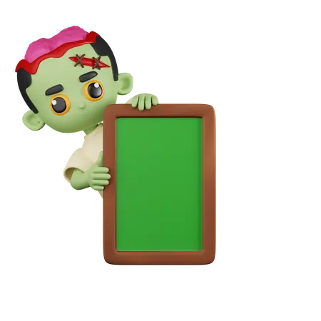 Zombie derrière un tableau blanc  3D Illustration